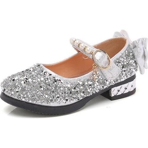 2021 New Girls Leather Shoes Rhinestone Single Shoes Princess Baby Show Kids Casual Flats Sequined Sweet Pearl for Party Chic