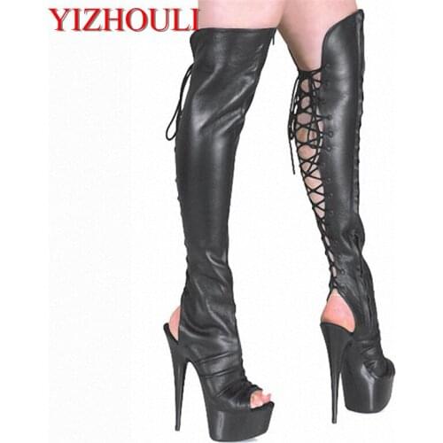 15cm High-Heeled Shoes Cutout Over-The-Knee Womens Boots Back Strap Open Toe Sandals 6 Inch Heels Thigh High Boots