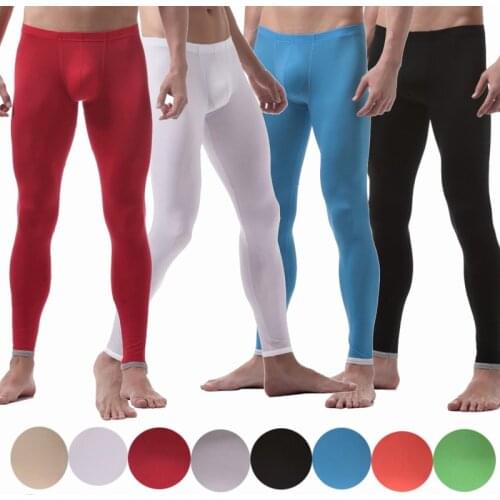 Sexy Mens Long Johns Ice Silk Trousers Seamless Underwear Bulge Pouch Sleep Bottoms Fitness Sport Pants Stretch Tight Leggings