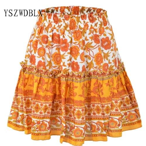 Casual Women Skirts Hot Sale Above Knee Mini Skirt 2021 Bohemian Floral Print Ruffles A-line Skirts Shirring High Waist Skirt