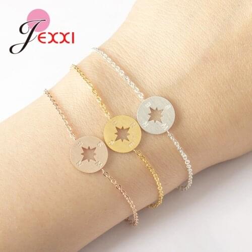Simple Fashion 925 Sterling Silver Compass Bracelet Round Charm Adjustable Link Chain Bracelets Jewelry Gift For Friend