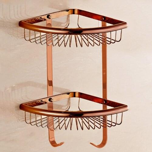 Rose Gold Bathroom Corner Shelf Solid Brass Shower Rack Wall Mounted Shampoo Liquid Soap Bath Holder Storage Chrome/Black