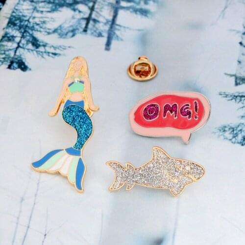 Mermaid Princess OMG! shark enamel pins Brooch Denim Jeans Pin Buckle Shirt Badge Sparkling cute kawaii Gift for Girls