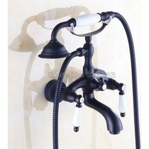 Bathroom Wall Mounted Dual Handles Dual Control Black Oil Rubbed Bronze Bath Tub Mixer Tap Faucet + Handheld Shower Head Wtf551
