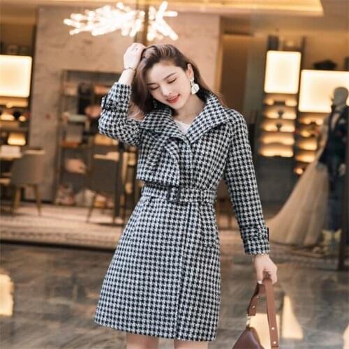 Plaid windbreaker womens woolen coats knee-length 2021 autumn winter retro belted stand collar mid-length jacket large size 4XL