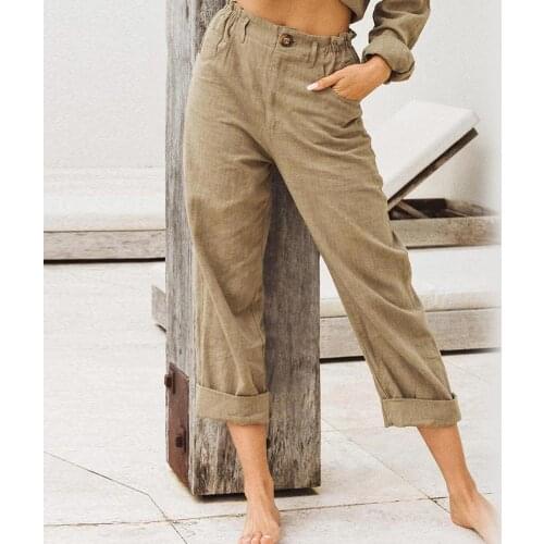 Women Casual High Waist Pockets Cotton Linen Long Straight Pants Loose Trousers