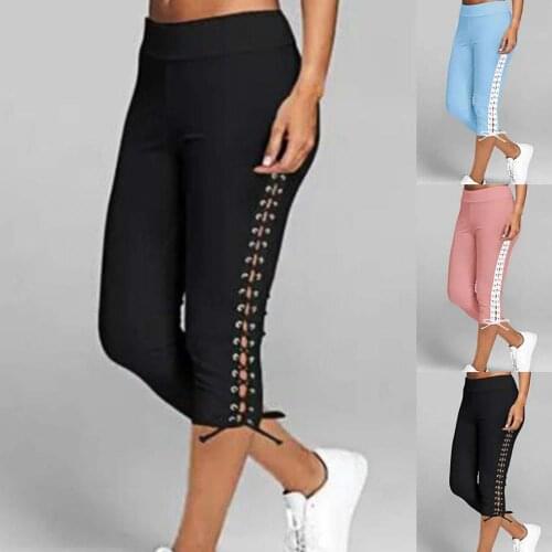 Women High Waist Cropped Trousers Drawstring Bandage Skinny Leggings Capri Pants Trousers Drawstring Bandage Skinny Leggings Cap