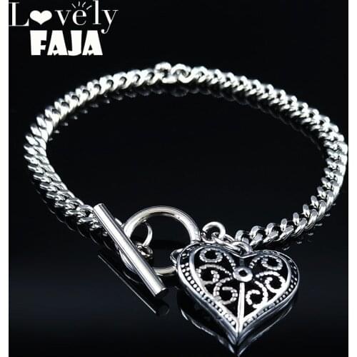 Punk Heart Stainless Steel Bracelet Women Silver Color Bracelets Bangles Jewelry pulseras de acero inoxidable para mujer B18403