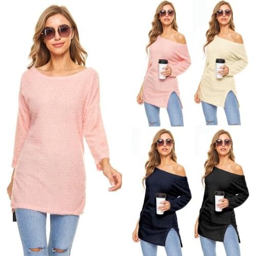 Woman Sweaters Pullover O Neck Autumn Sweater Womens Pullover Loose Slit Knit Sweater Femme Long Tops