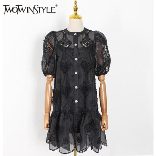 TWOTWINSTYLE Elegant Hollow Out Dress For Women O Neck Lantern Sleeve Casual Mini Dresses Female Fashion New Clothing Summer