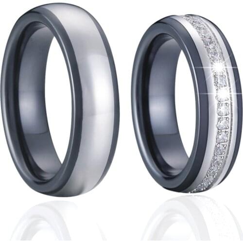 Alliances Cubic zirconia Anniversary couple rings for women handmade black ceramic titanium wedding band men ring