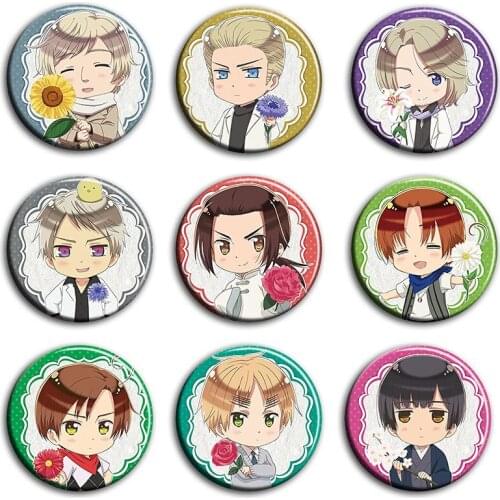 58MM Axis Powers Hetalia Flower Version Badge Iron Cosplay Fans Metal Brooch Icons Round Pins