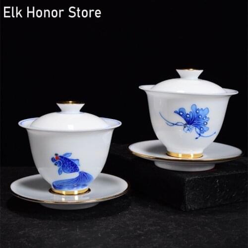 250ml White Pottery Sancai Gaiwan Hand Painted The Goldfish The Butterfly Tureen Kung Fu Ceramic Tureen Tea Teaware Accessories
