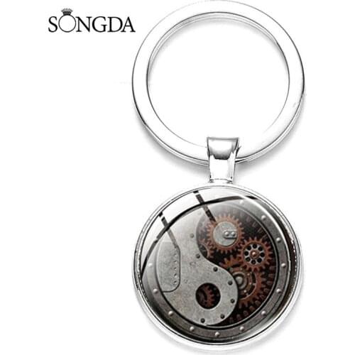 Yin Yang Taichi Symbols Key Chain Modern Black White Life Tree Owl Crystal Pendant Keyring Key Chain for Men Women Gifts