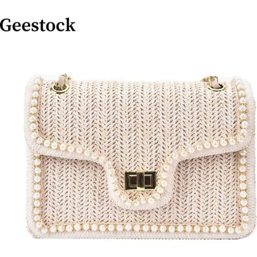 Geestock Summer Bags for Women Straw Woven Shoulder Bag Bohemian Beach-style Designer Handbag Chain Shoulder Messenger Bag