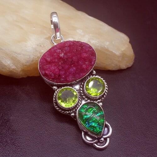 Gemstonefactory Jewelry Big Promotion Single Unique 925 Silver Drusy Quartz Peridot Dichroic Glass Lady Women Necklace Pendant
