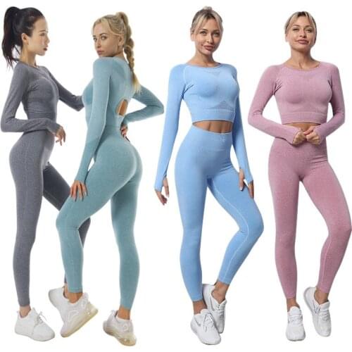2PC Seamless Comfortable Yoga Suits Soft Gym Suits Long-sleeved Gym Long-sleeved Tops High-waisted Leggings Vintage Gym Suits