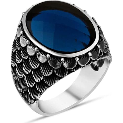 925 Sterling Silver Scale Patterned Facet Cut Blue Zircon Mens Ring Blue Zirconia Gemstone Ring for Men