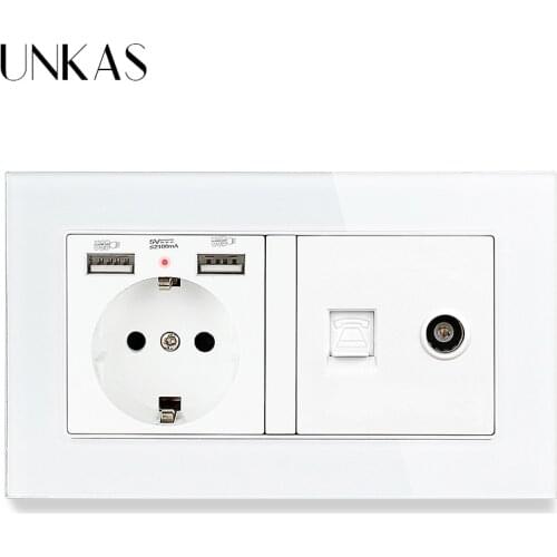 UNKAS Luxury Glass Panel EU Wall Socket Dual USB Charge Port Hidden Soft LED + RJ11 Telephone Jack And Female TV Connector