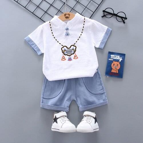 New Summer baby boy clothes Cute Chinese style Cartoon Ping An Lock baby suit Short sleeve T-shirt+short trousers 1-4 Years Old