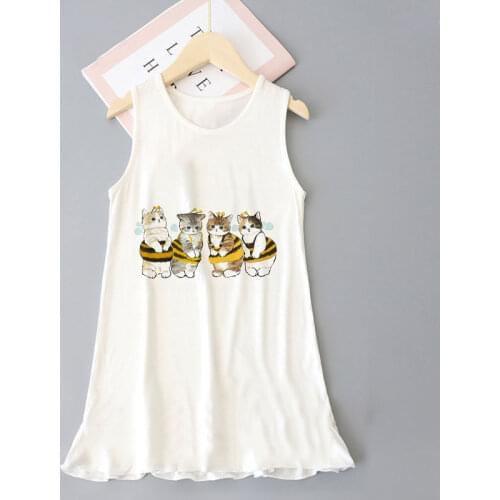 Summer Baby Girls 90s Bee Cat Print Sleeveless Dress Cartoon Party Dress For Baby Girls Child Clothing Retro Fashion Crew Neck