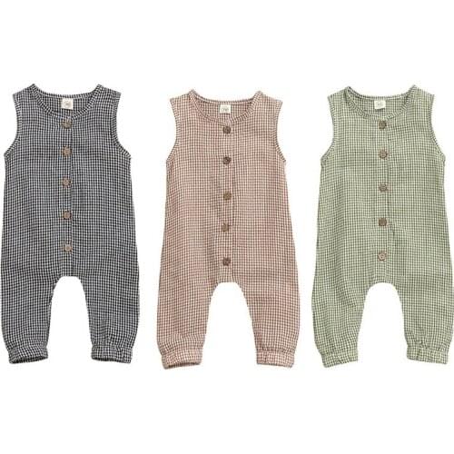 Hot Baby Boys Romper Summer Infant Sleeveless Girls Plaid One-pieces Jumpsuit Newborn Button Baby Cotton Linen Clothes Outfit