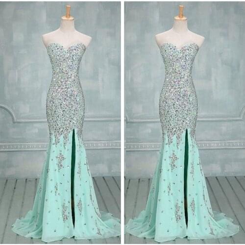 Mint Green Mermaid Prom Dresses Front Split Bling Bling Crystal Beaded Luxurious Formal Slim Vestidos De Fiesta Long 2019