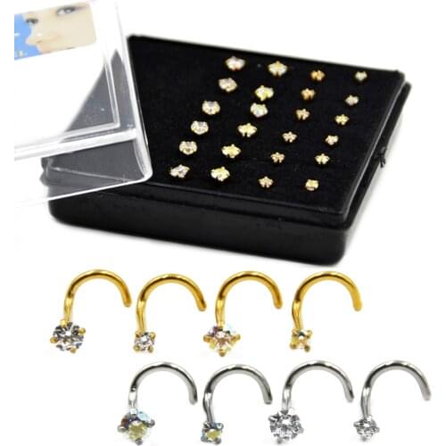 Showlove-24PCS Each Box Surgical Steel CZ Gem Nose Screw Rings Piercing Nose Studs Ring Nose Bone Piercing Body Jewelry 20g/18g