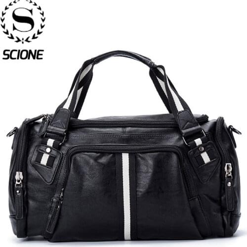 Scione PU Leather Travel Bags Men Large Capacity Striped Luggage Handbags Waterproof Weekend Duffel Sport Shoulder Tote Bag