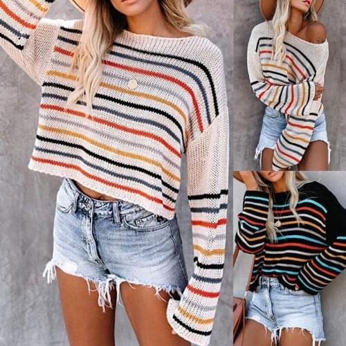 Thin Knitting Light Apricot Sweater Women Autumn Fashion Stripe Flare Sleeve Short Cropped Casual Loose Slash Neck Pullover Tops