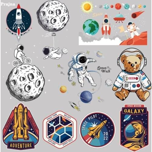 Prajna Astronaut Moon Space Rocket Iron On Transfers Vynil Heat Transfer UFO Ironing Stickers T-shirt Thermal Patches On Clothes