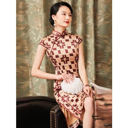 Qipao Evening Dresses Silk Cheongsam Dress Girl Printing Large Size Cheongsams High End Short Qipao Chinese Dress Oriental Dress