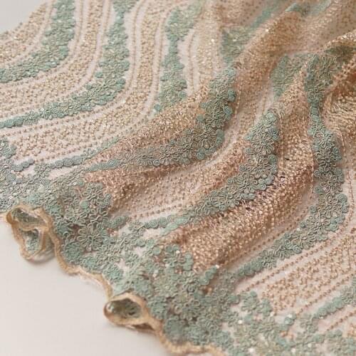 Wavy pattern of yarn fabric Embroidery of bone thread tissu Blue-green lace dress clothes cheongsam patchwork