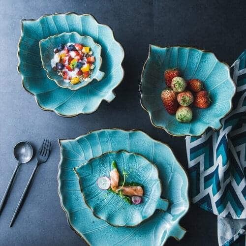 Japanese Kiln Variable glaze Ceramic Tableware Leaf Shape Plate Salad Noodle Bowl Soup Bowl Fruit Plate Dessert Plate