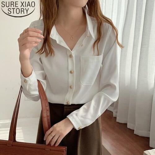 Office Ladies Tops Chiffon Shirts Vintage Women Shirt 2021 Spring White Shirt Long Sleeve Plus Size Clothing Pocket Shirts 13166
