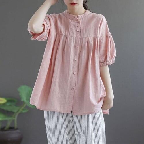 Oversized Women Cotton Linen Casual Shirts New 2021 Summer Arts Style Vintage Stand Collar Solid Color Loose Female Tops S3665