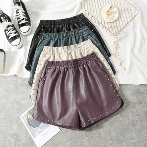 Rivet leather shorts womens 2021 autumn/winter outer wear high-waisted a word thin loose-fitting wide-legged PU leather pants