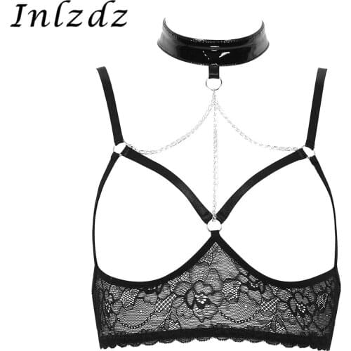 Womens Erotic Lingerie Bra See Through Sheer Lace Halter Neck Adjustable Spaghetti Shoulder Straps Open Cups Wire-free Bra Top