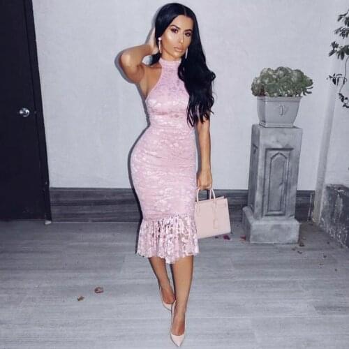 Glamorous Mock Neck Embroidery Lace Fuffle Bandage Dress Pink Floral Cold Shoulder Sleeveless Bodycon Midi Club Vestidos Dress