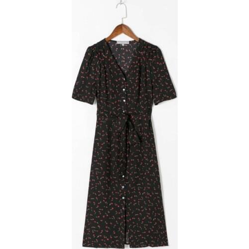 Summer womens casual flower print V-neck short-sleeved belt decoration Slim dress
