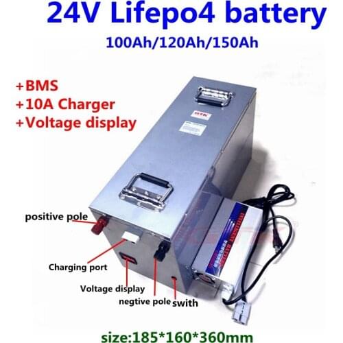 Lifepo4 24v 100ah 120ah 130ah 150ah battery with 100A BMS for electric fishing boat solar panel 24V 2000W inverter +10A Charger