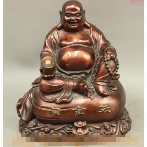 Free shipping S03276 8" Chinese Bronze Buddhism Wealth YuanBao Gold Bag Happy Laugh Maitreya Statue