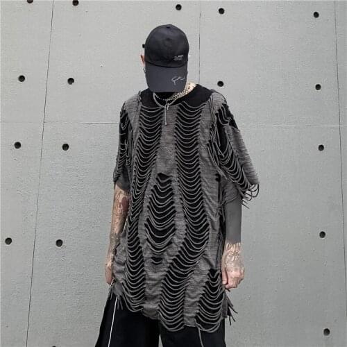 Mens new fashion high street hip-hop loose large size short sleeve hairstylist ripped hole cut mesh nightclub T-shirt