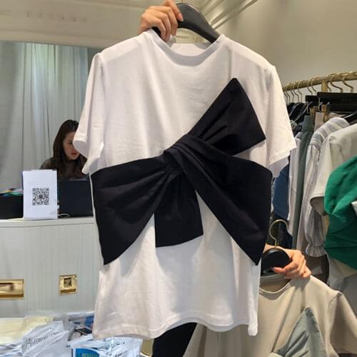 Korean 2021 Summer New Style Casual T-Shirts Sweet Bow White Short Sleeve Womens Loose Plus Size Clothes