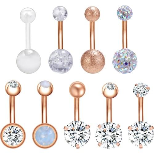 8/9Pcs/Lot Belly Button Ring Set Crystal Double Ball Belly Navel Piercing for Women Rose Gold Stainless Steel Navel Belly Rings