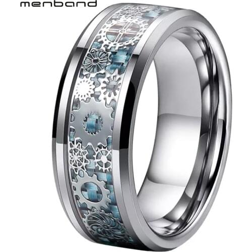 Unique 8mm Tungsten Carbide Rings Wedding Band Gear Wheel Blue Carbon Fiber Inlay Fashion Jewelry Comfort Fit
