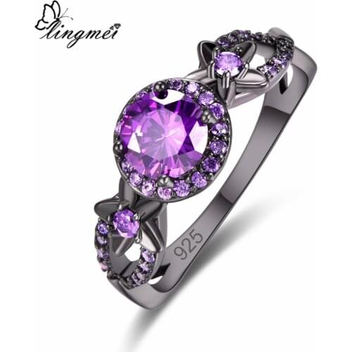 Lingmei Bridal New Comes Round Purple Charm Red Cubic Zircon Silver Color Black Gold Color Ring For Women Size 6-9 Pretty Gifts