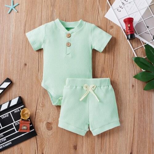 New Baby Boy Girl Casual Clothing Summer New Knitted Solid Short Sleeve Button Romper+Loose Shorts 2pcs Outfits