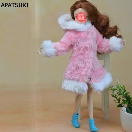 Pink & White Winter Warm Fur Coat Dress Clothes For Barbie Dolls Fur Doll Clothing For 1/6 BJD Doll Kids Toy Doll Accessories