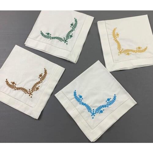 Set of 12 Fashion Ninner Napkins 18x18" white Hemstitched linen Table Napkins with Green Color Embroidered Floral Tea Napkins